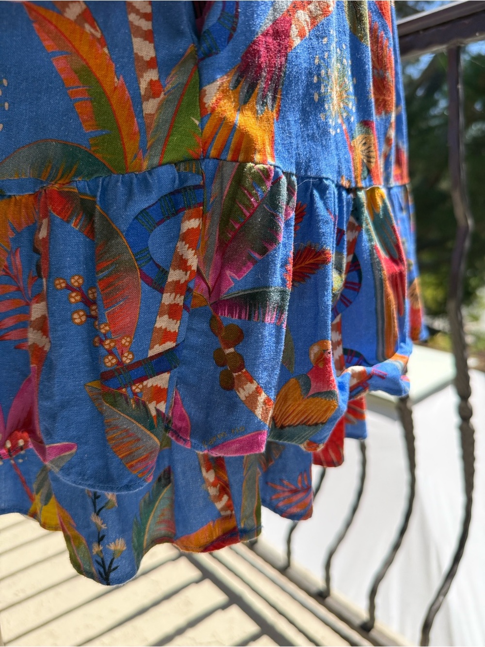 Farm Rio dress mini Blue pockets Tropical parrots Sundress linen-Ruffle hem - XL - Picture 12 of 17